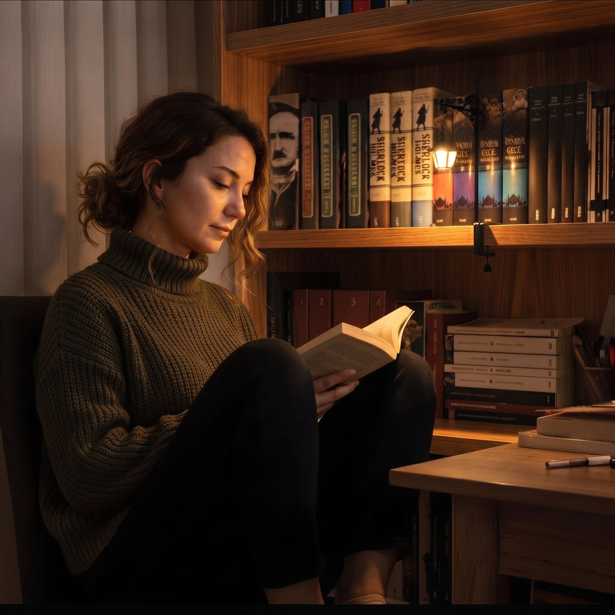 A woman reading in a dark room, lit by The Lantern clipped to the bookshelf above her