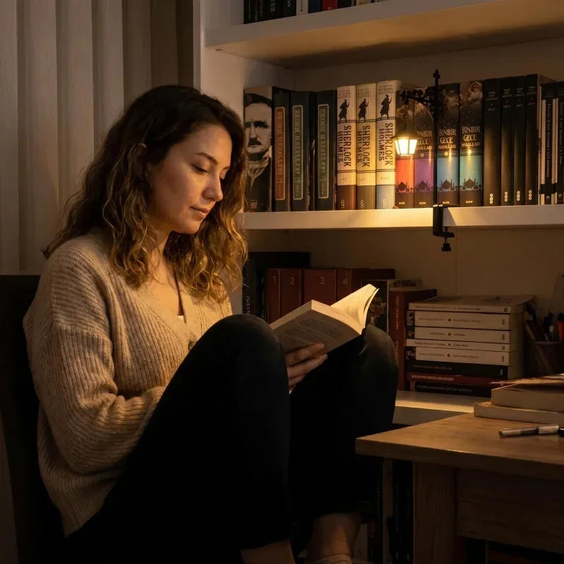 A woman reading in a dim room, lit by the bookshelf lantern on the shelf above her