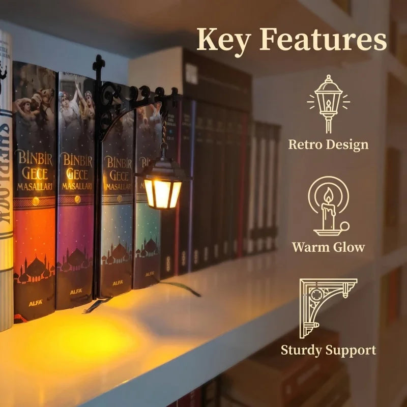 Feature overview: warm amber LED, battery power and a hook-on metal arm